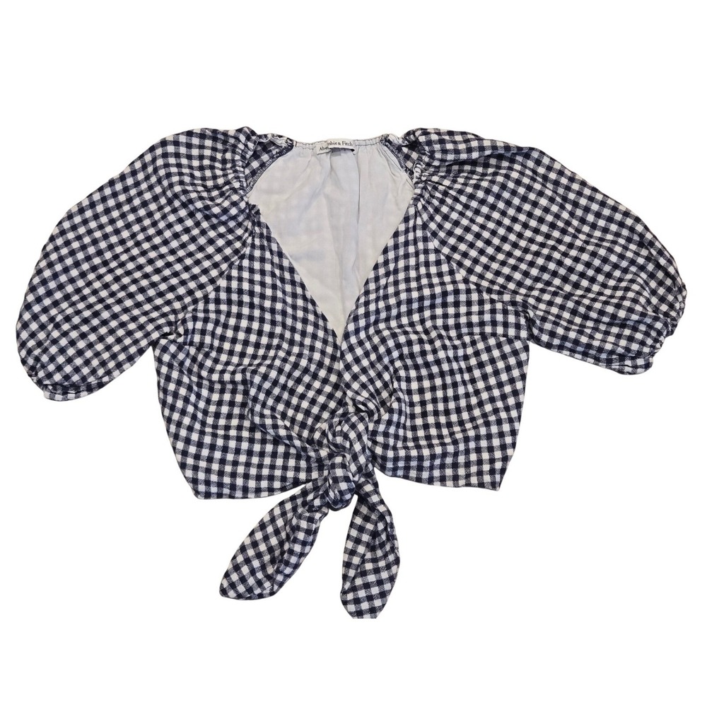 Abercrombie &‎ Fitch Y2K Gingham Tie Front Crop Top Puff Sleeve Womens XS Navy